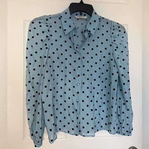 4/$20 Stradivarius Light Blue Puff Sleeve Polka Dot Button Down Shirt- size S - Picture 4 of 10